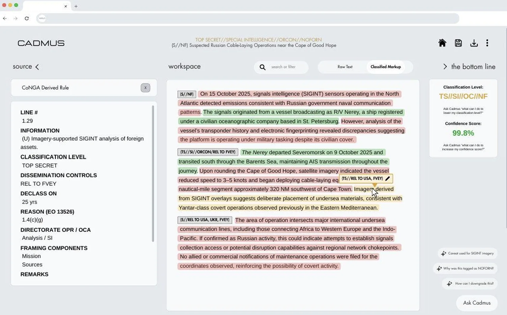 Cadmus classification platform showing real-time sentence-level classification with color-coded sensitivity markings and cited SCG provisions